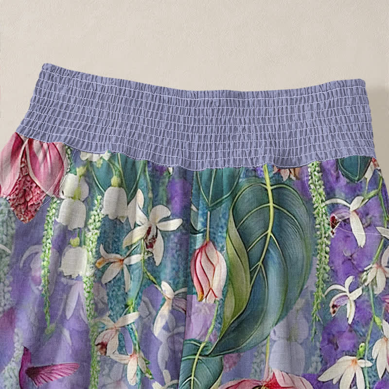 Buddha Stones Pantaloni harem da donna in cotone con motivo floreale lavanda e colibrì, vita elasticizzata e pieghe, con tasche. - image 4