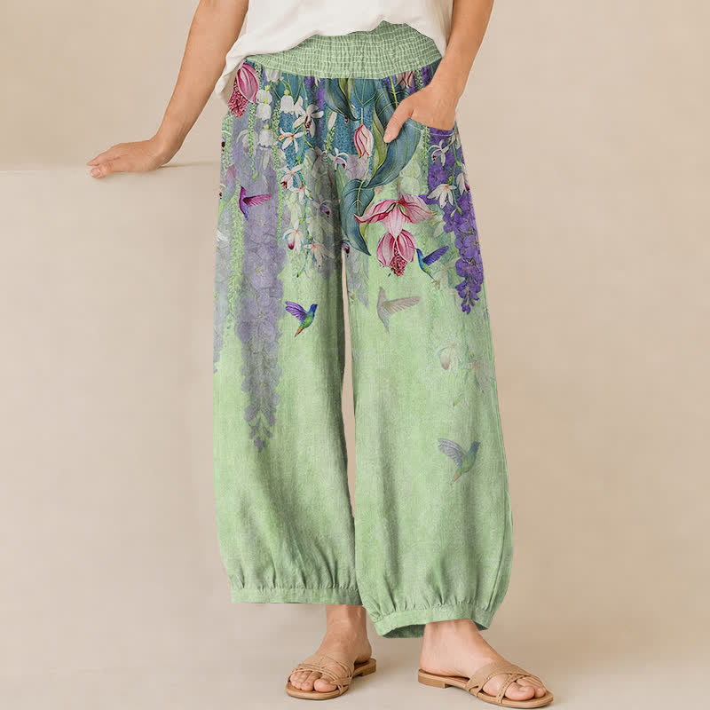 Buddha Stones Pantaloni harem da donna in cotone con motivo floreale lavanda e colibrì, vita elasticizzata e pieghe, con tasche. - Verde chiaro - US16, UK/AU20, EU48 (3XL) - image 6
