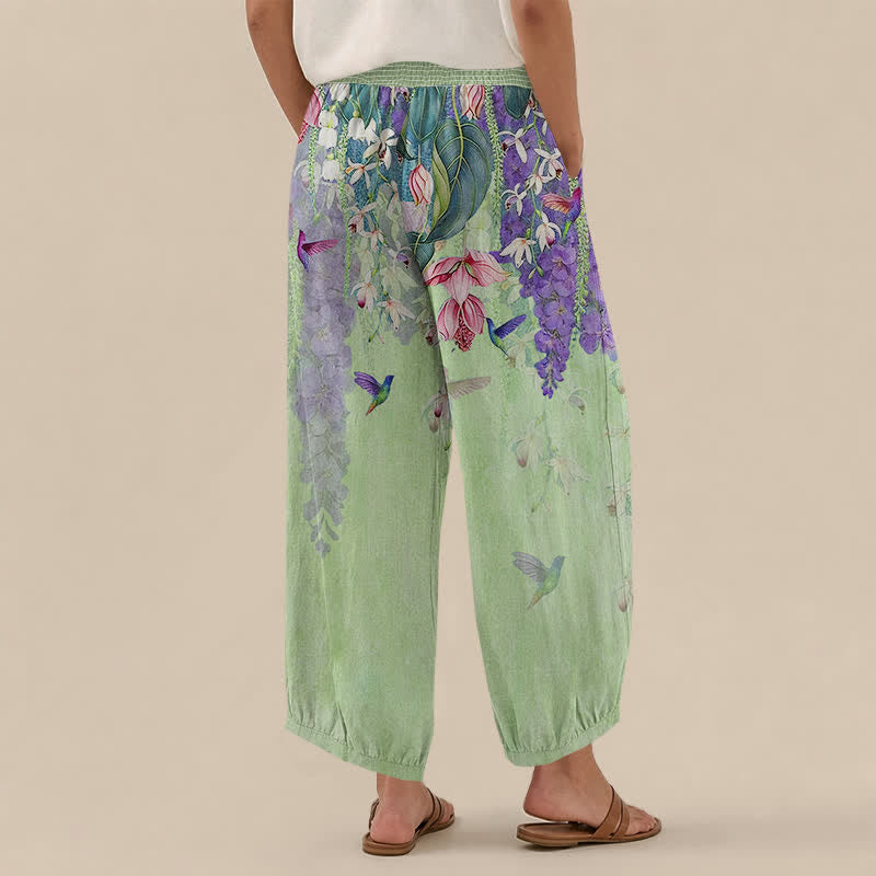 Buddha Stones Pantaloni harem da donna in cotone con motivo floreale lavanda e colibrì, vita elasticizzata e pieghe, con tasche. - image 8