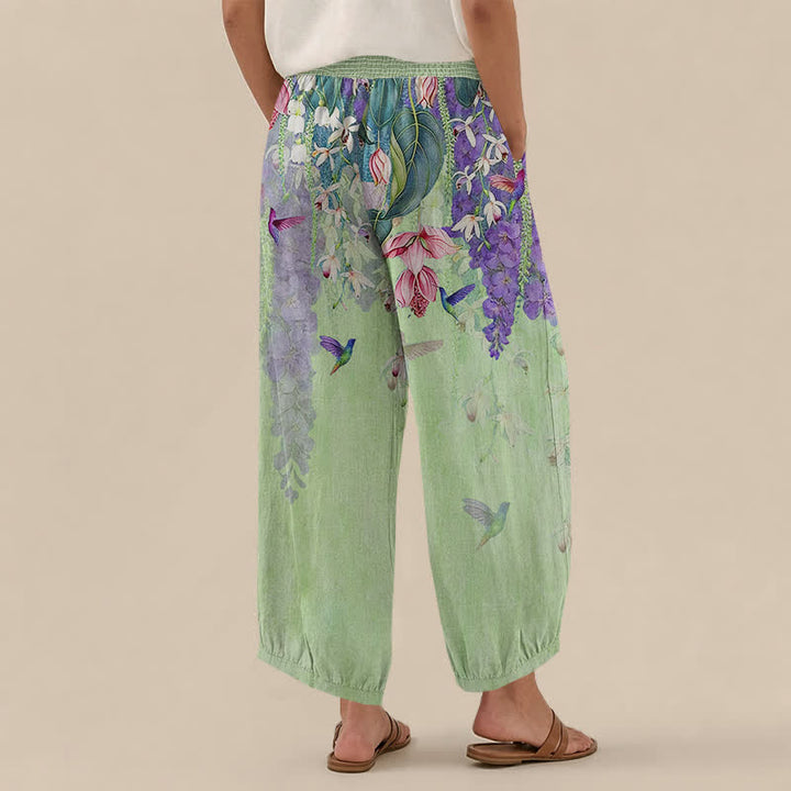 Buddha Stones Pantaloni harem da donna in cotone con motivo floreale lavanda e colibrì, vita elasticizzata e pieghe, con tasche. - image 8