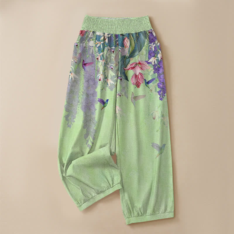 Buddha Stones Pantaloni harem da donna in cotone con motivo floreale lavanda e colibrì, vita elasticizzata e pieghe, con tasche. - image 9