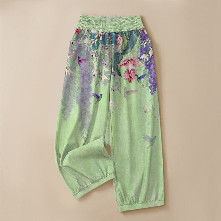Buddha Stones Pantaloni harem da donna in cotone con motivo floreale lavanda e colibrì, vita elasticizzata e pieghe, con tasche. - image 9