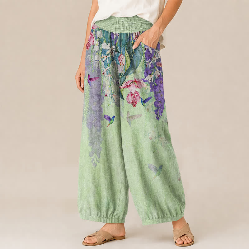 Buddha Stones Pantaloni harem da donna in cotone con motivo floreale lavanda e colibrì, vita elasticizzata e pieghe, con tasche. - image 7