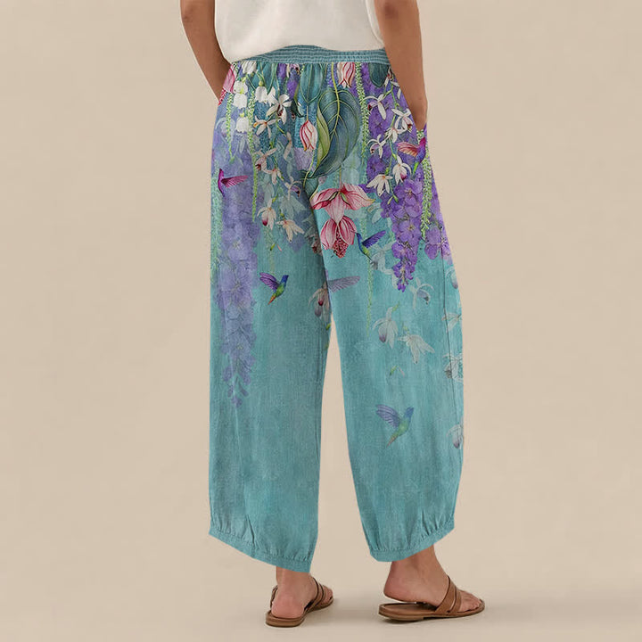 Buddha Stones Pantaloni harem da donna in cotone con motivo floreale lavanda e colibrì, vita elasticizzata e pieghe, con tasche. - image 12