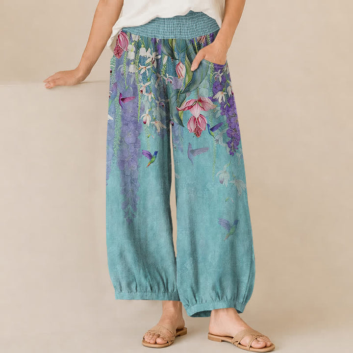 Buddha Stones Pantaloni harem da donna in cotone con motivo floreale lavanda e colibrì, vita elasticizzata e pieghe, con tasche. - Turchese - US16, UK/AU20, EU48 (3XL) - image 10
