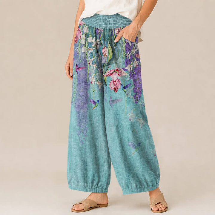 Buddha Stones Pantaloni harem da donna in cotone con motivo floreale lavanda e colibrì, vita elasticizzata e pieghe, con tasche. - image 11