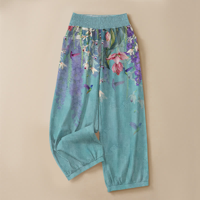 Buddha Stones Pantaloni harem da donna in cotone con motivo floreale lavanda e colibrì, vita elasticizzata e pieghe, con tasche. - image 13