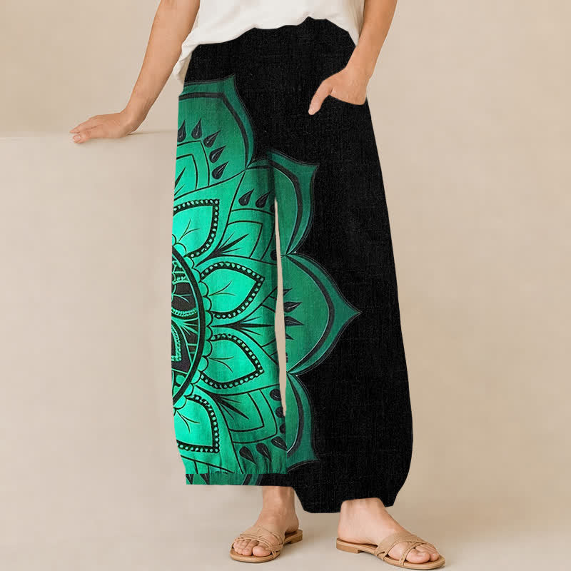Buddha Stones Pantaloni harem da donna in cotone stile bohémien con motivo floreale mandala, pieghe e vita elasticizzata, con tasche. - Nero - US16, UK/AU20, EU48 (3XL) - image 0