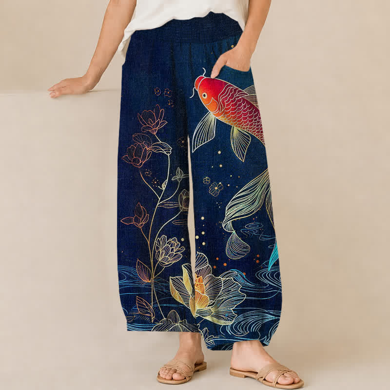 Buddha Stones Pantaloni harem da donna in cotone rosso con motivo a onde di pesci koi e loto, plissettati e vita elasticizzata, con tasche. - Marina - US16, UK/AU20, EU48 (3XL) - image 0