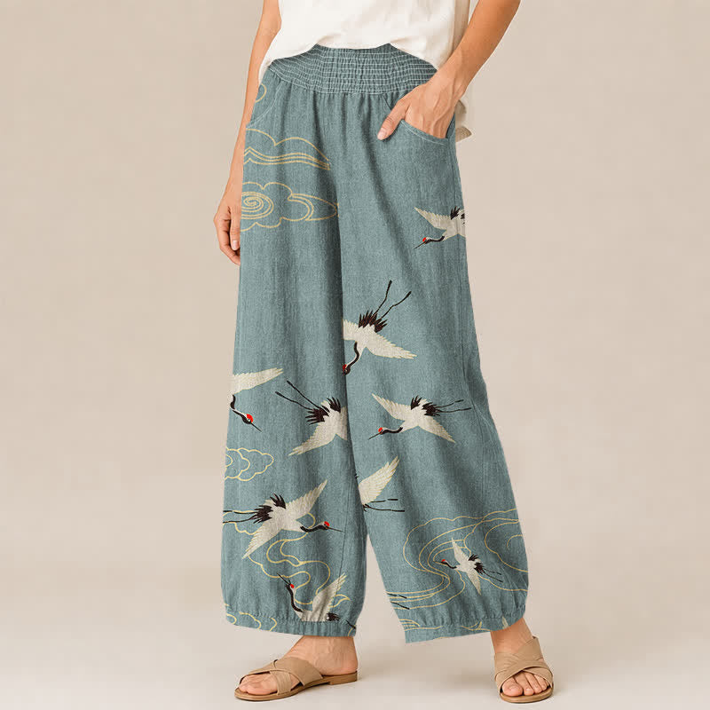 Buddha Stones Pantaloni harem da donna in cotone con motivo a gru e nuvole bianche, plissettati e vita elasticizzata, con tasche. - image 1