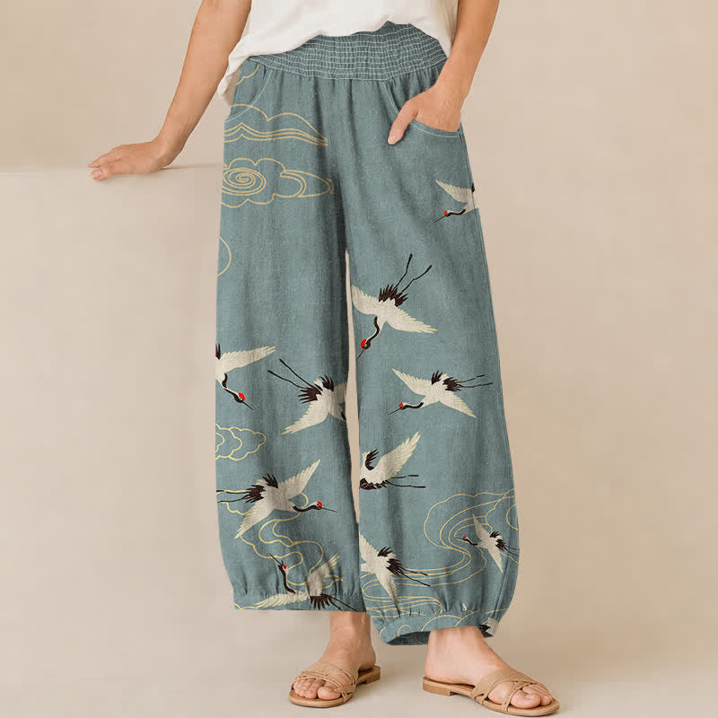 Buddha Stones Pantaloni harem da donna in cotone con motivo a gru e nuvole bianche, plissettati e vita elasticizzata, con tasche. - Cadetto Blu - US16, UK/AU20, EU48 (3XL) - image 0