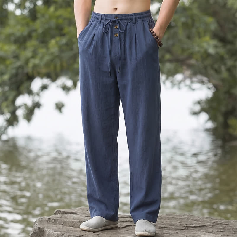 Buddha Stones Pantaloni lunghi da uomo a gamba dritta con coulisse e bottoni decorativi, ideali per primavera/estate. Classici, per la primavera e l'estate. Pantaloni lunghi a tinta unita con tasche. - Marina - US/UK/AU42, EU52 (3XL) - image 0