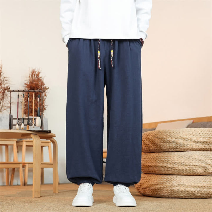 Buddha Stones Pantaloni da uomo a gamba dritta, minimalisti, con coulisse, in cotone tinta unita, ideali per l'autunno. - Marina - US/UK/AU46, EU56 (5XL) - image 24