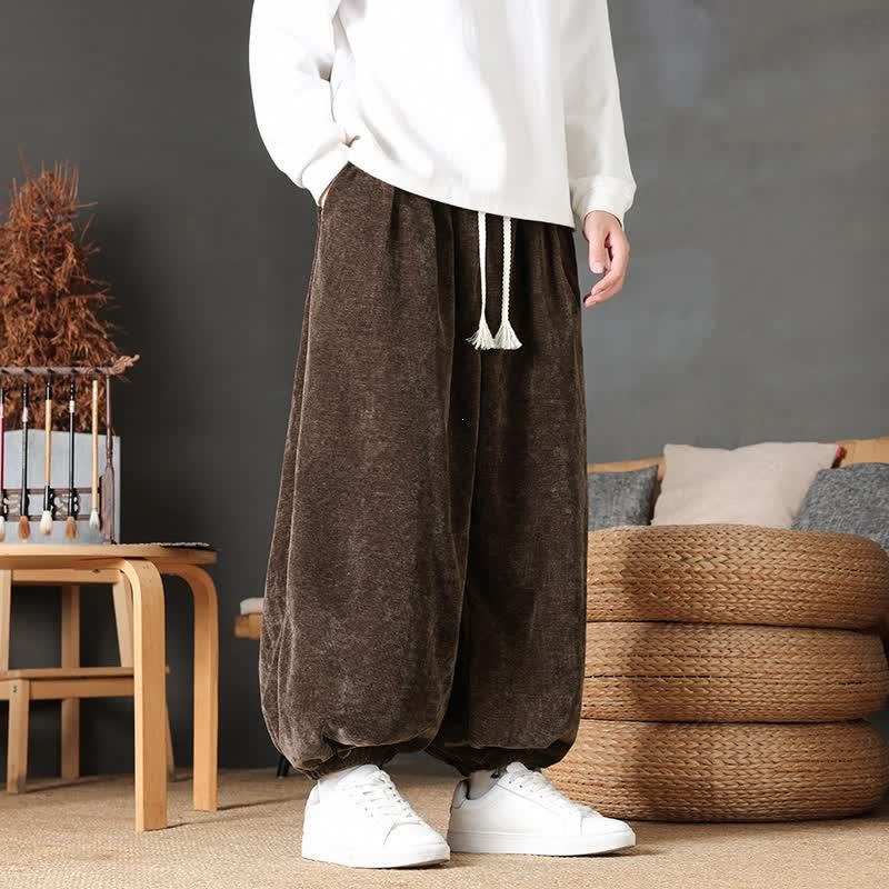 Buddha Stones Pantaloni da uomo a gamba dritta, stile vintage, con coulisse, tinta unita, per autunno/inverno. - Marrone sella - US/UK/AU46, EU56 (5XL) - image 0