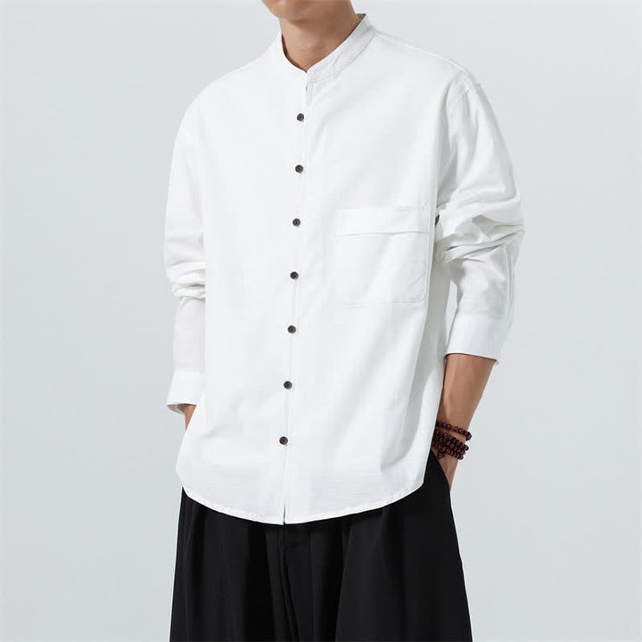 Buddha Stones Camicia da uomo a maniche lunghe in cotone tinta unita, stile Tang, con colletto alla coreana, ideale per l'autunno. - Bianco - US/UK/AU46, EU56 (5XL) - image 33