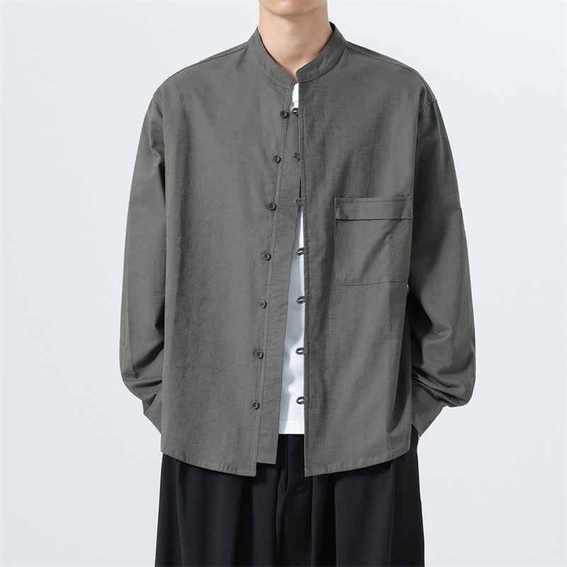 Buddha Stones Camicia da uomo a maniche lunghe in cotone tinta unita, stile Tang, con colletto alla coreana, ideale per l'autunno. - Grigio tenue - US/UK/AU46, EU56 (5XL) - image 19