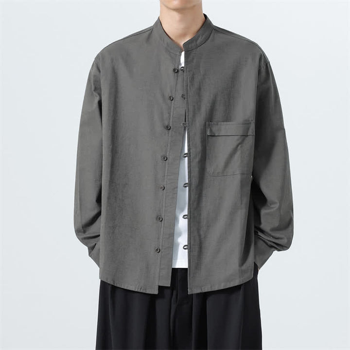 Buddha Stones Camicia da uomo a maniche lunghe in cotone tinta unita, stile Tang, con colletto alla coreana, ideale per l'autunno. - Grigio tenue - US/UK/AU46, EU56 (5XL) - image 19