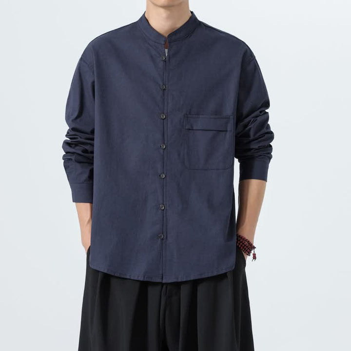 Buddha Stones Camicia da uomo a maniche lunghe in cotone tinta unita, stile Tang, con colletto alla coreana, ideale per l'autunno. - Marina - US/UK/AU46, EU56 (5XL) - image 0