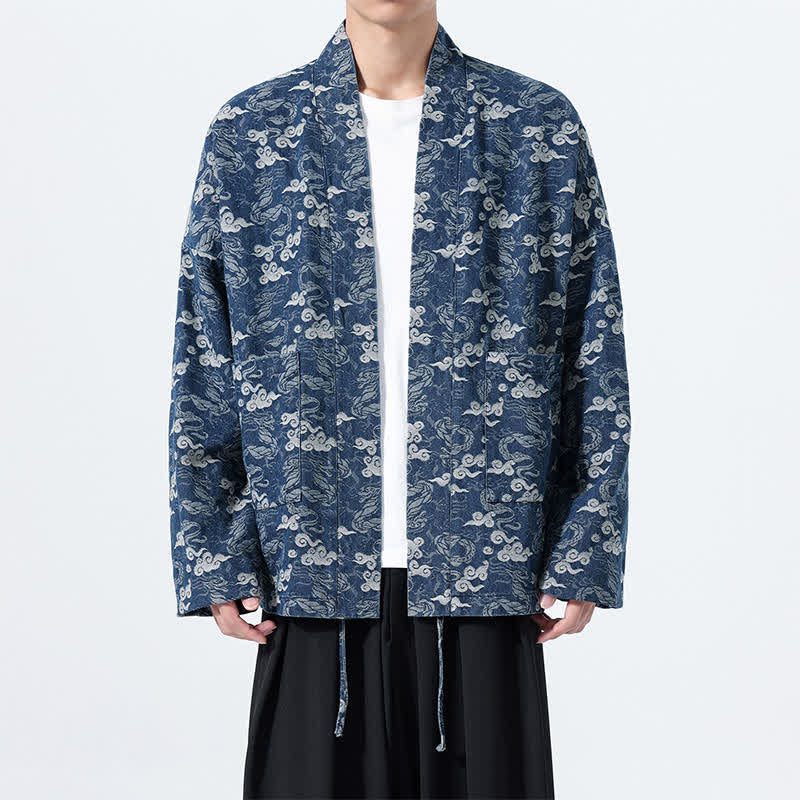 Buddha Stones Kimono da uomo in cotone con coulisse, ideale per primavera/autunno, stile casual, con motivo astratto a nuvole. - Marina - US/UK/AU46, EU56 (3XL) - image 0