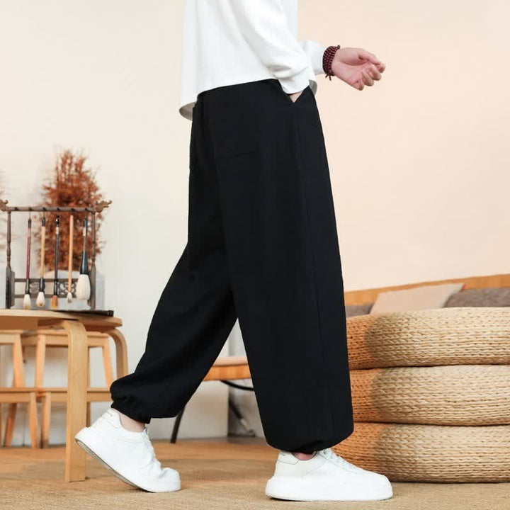 Buddha Stones Pantaloni da uomo a gamba dritta, minimalisti, con coulisse, in cotone tinta unita, ideali per l'autunno. - image 19