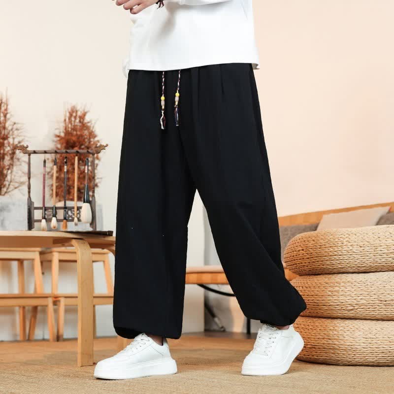 Buddha Stones Pantaloni da uomo a gamba dritta, minimalisti, con coulisse, in cotone tinta unita, ideali per l'autunno. - image 14
