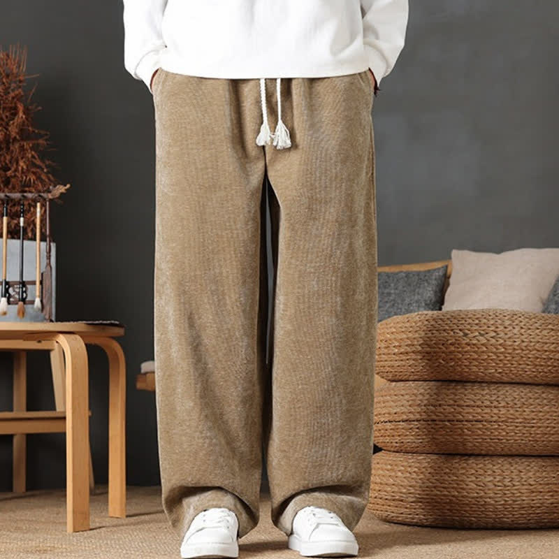Buddha Stones Pantaloni lunghi da uomo a gamba dritta, tinta unita, con coulisse, ideali per autunno/inverno, con tasche. - image 1