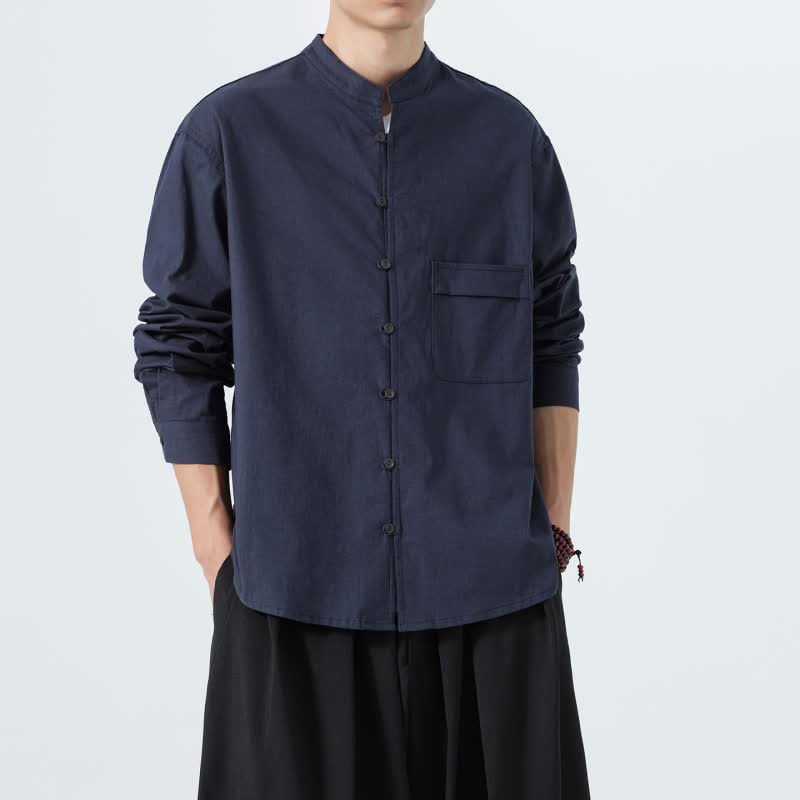 Buddha Stones Camicia da uomo a maniche lunghe in cotone tinta unita, stile Tang, con colletto alla coreana, ideale per l'autunno. - image 1