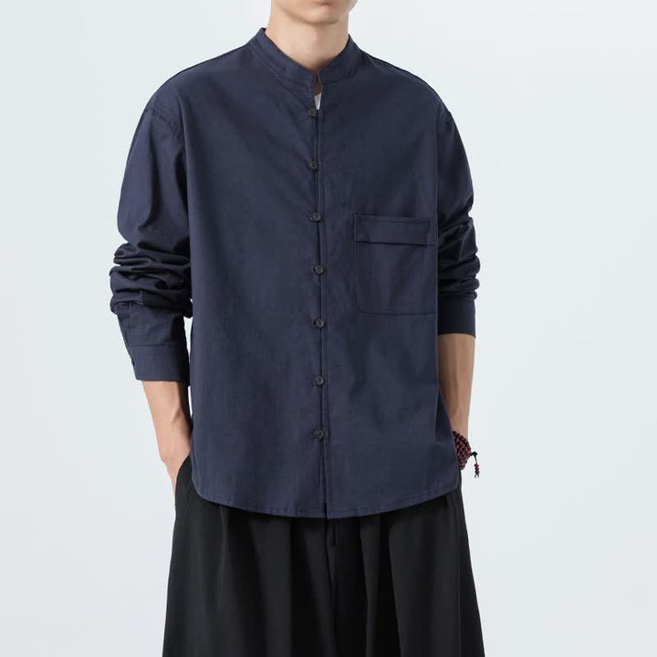 Buddha Stones Camicia da uomo a maniche lunghe in cotone tinta unita, stile Tang, con colletto alla coreana, ideale per l'autunno. - image 1