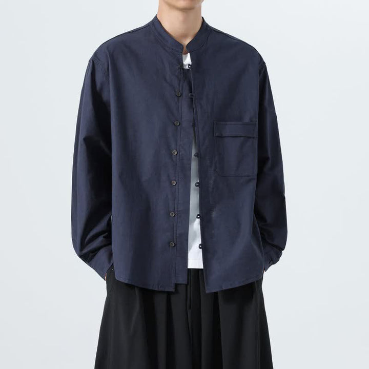Buddha Stones Camicia da uomo a maniche lunghe in cotone tinta unita, stile Tang, con colletto alla coreana, ideale per l'autunno. - image 7