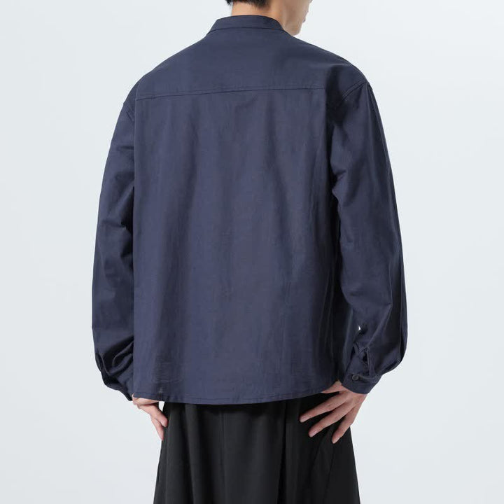 Buddha Stones Camicia da uomo a maniche lunghe in cotone tinta unita, stile Tang, con colletto alla coreana, ideale per l'autunno. - image 4