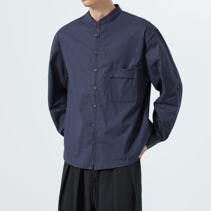 Buddha Stones Camicia da uomo a maniche lunghe in cotone tinta unita, stile Tang, con colletto alla coreana, ideale per l'autunno. - image 8
