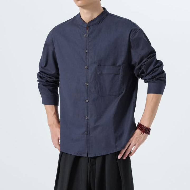 Buddha Stones Camicia da uomo a maniche lunghe in cotone tinta unita, stile Tang, con colletto alla coreana, ideale per l'autunno. - image 3