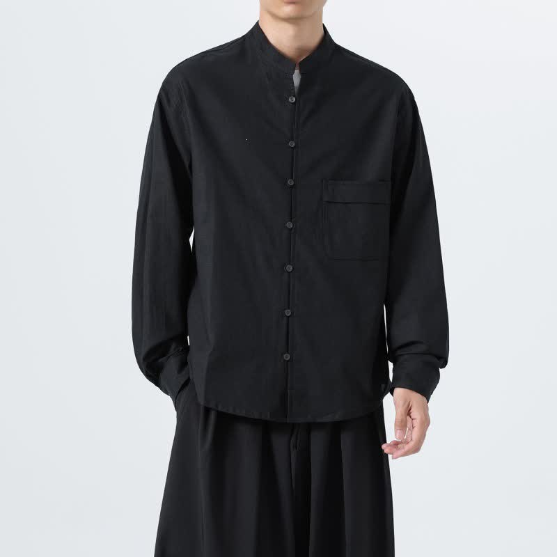 Buddha Stones Camicia da uomo a maniche lunghe in cotone tinta unita, stile Tang, con colletto alla coreana, ideale per l'autunno. - image 15