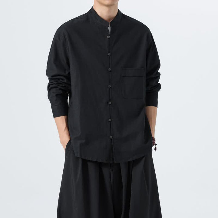 Buddha Stones Camicia da uomo a maniche lunghe in cotone tinta unita, stile Tang, con colletto alla coreana, ideale per l'autunno. - image 17