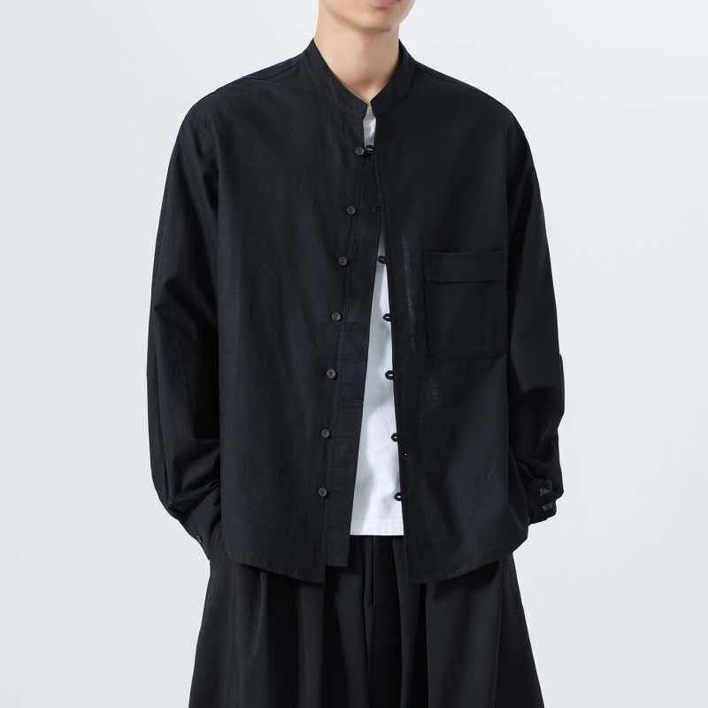 Buddha Stones Camicia da uomo a maniche lunghe in cotone tinta unita, stile Tang, con colletto alla coreana, ideale per l'autunno. - image 10