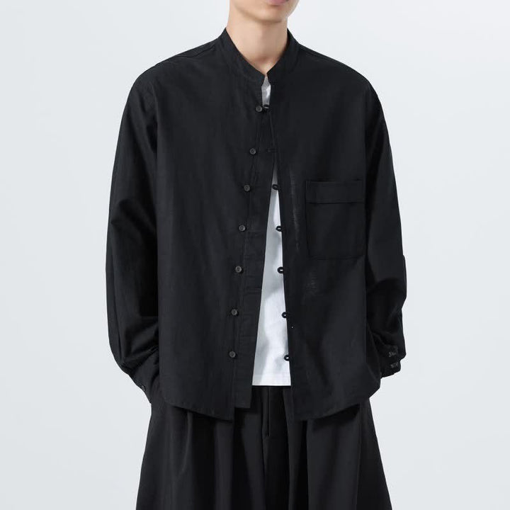 Buddha Stones Camicia da uomo a maniche lunghe in cotone tinta unita, stile Tang, con colletto alla coreana, ideale per l'autunno. - image 10
