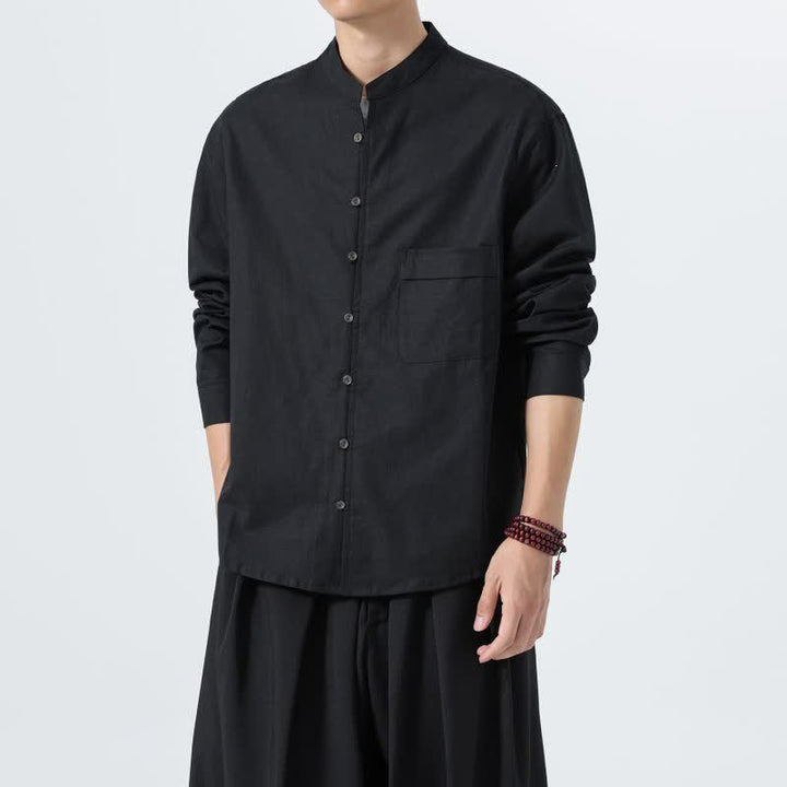 Buddha Stones Camicia da uomo a maniche lunghe in cotone tinta unita, stile Tang, con colletto alla coreana, ideale per l'autunno. - image 18