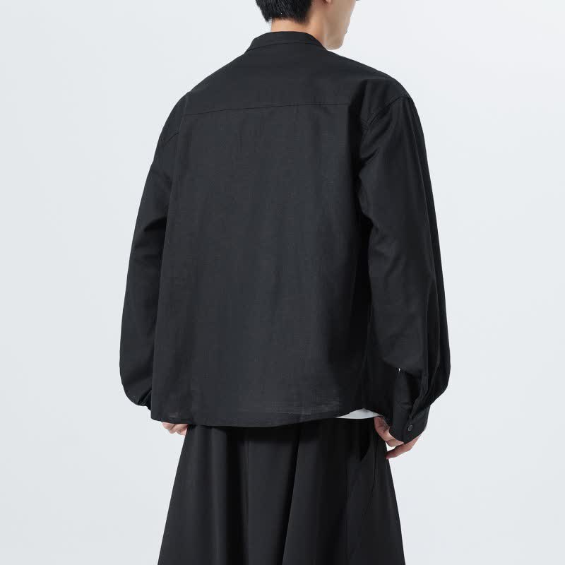 Buddha Stones Camicia da uomo a maniche lunghe in cotone tinta unita, stile Tang, con colletto alla coreana, ideale per l'autunno. - image 13