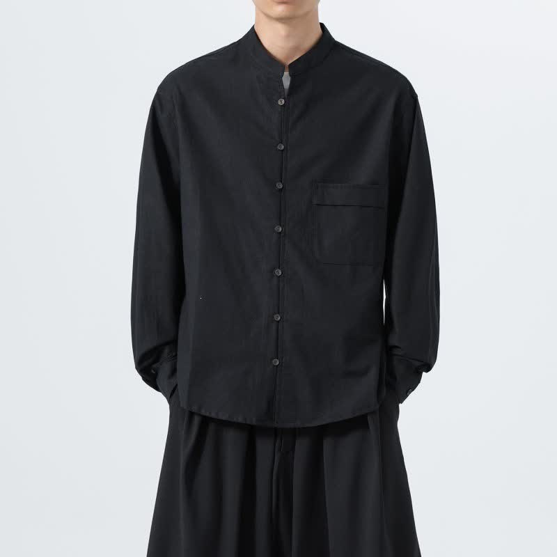 Buddha Stones Camicia da uomo a maniche lunghe in cotone tinta unita, stile Tang, con colletto alla coreana, ideale per l'autunno. - image 12