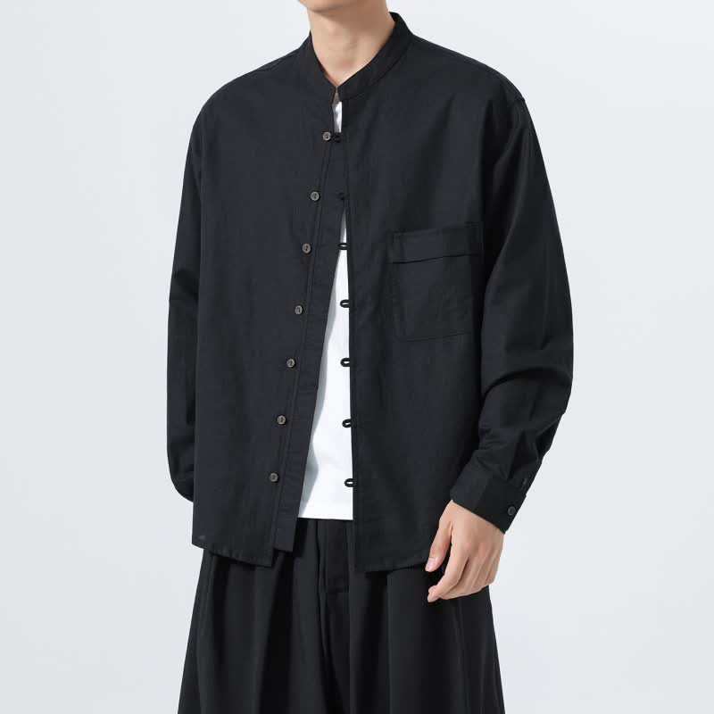 Buddha Stones Camicia da uomo a maniche lunghe in cotone tinta unita, stile Tang, con colletto alla coreana, ideale per l'autunno. - image 11
