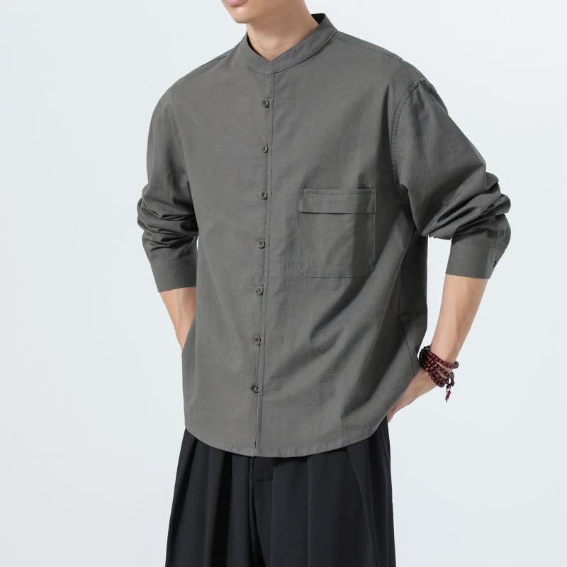 Buddha Stones Camicia da uomo a maniche lunghe in cotone tinta unita, stile Tang, con colletto alla coreana, ideale per l'autunno. - image 21