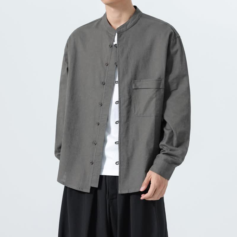 Buddha Stones Camicia da uomo a maniche lunghe in cotone tinta unita, stile Tang, con colletto alla coreana, ideale per l'autunno. - image 24