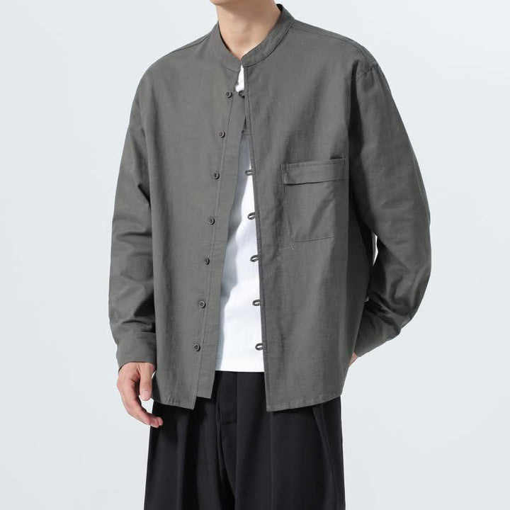Buddha Stones Camicia da uomo a maniche lunghe in cotone tinta unita, stile Tang, con colletto alla coreana, ideale per l'autunno. - image 25