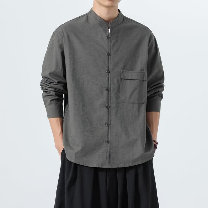 Buddha Stones Camicia da uomo a maniche lunghe in cotone tinta unita, stile Tang, con colletto alla coreana, ideale per l'autunno. - image 20