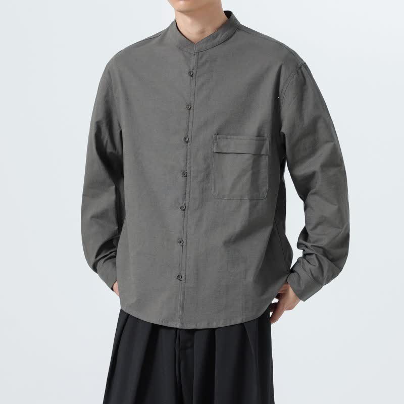 Buddha Stones Camicia da uomo a maniche lunghe in cotone tinta unita, stile Tang, con colletto alla coreana, ideale per l'autunno. - image 27