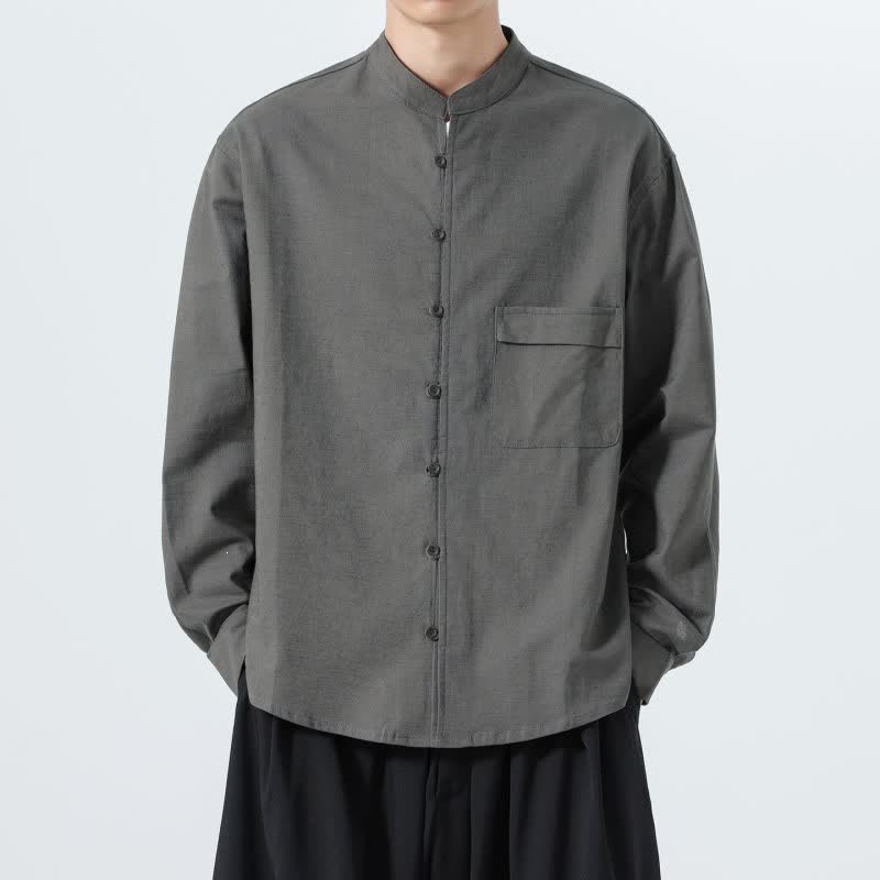 Buddha Stones Camicia da uomo a maniche lunghe in cotone tinta unita, stile Tang, con colletto alla coreana, ideale per l'autunno. - image 26