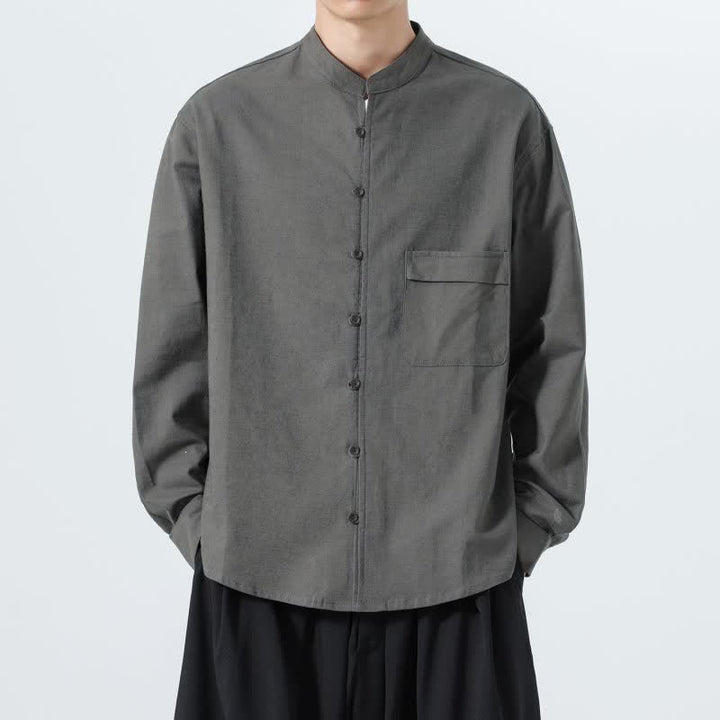 Buddha Stones Camicia da uomo a maniche lunghe in cotone tinta unita, stile Tang, con colletto alla coreana, ideale per l'autunno. - image 26