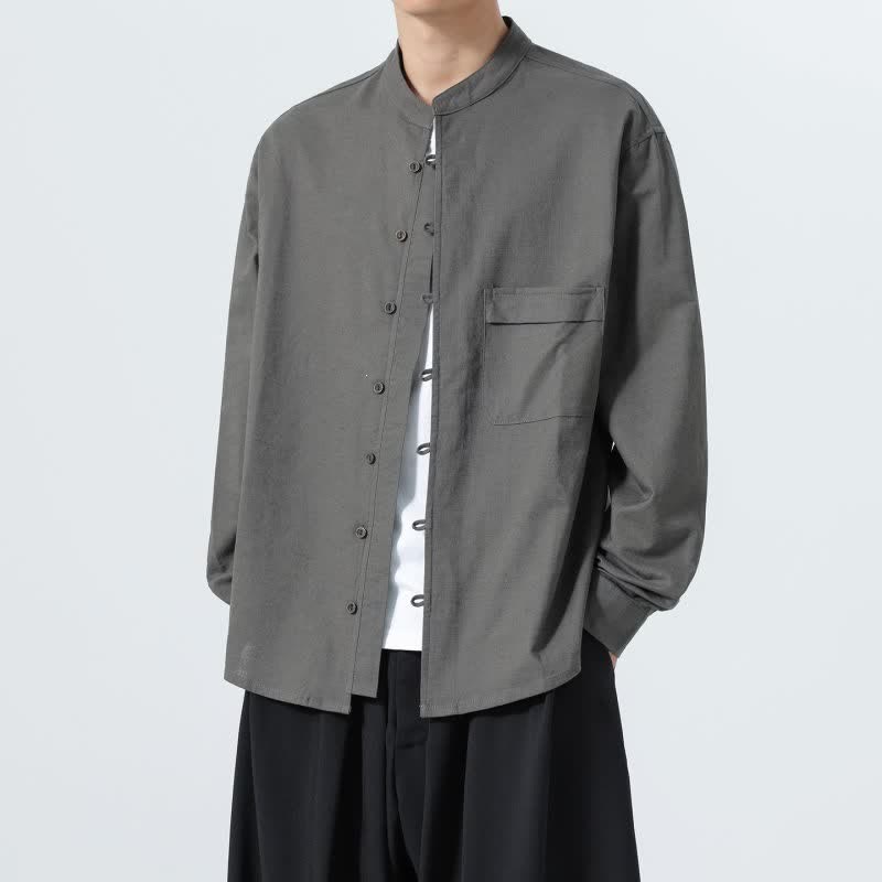Buddha Stones Camicia da uomo a maniche lunghe in cotone tinta unita, stile Tang, con colletto alla coreana, ideale per l'autunno. - image 22