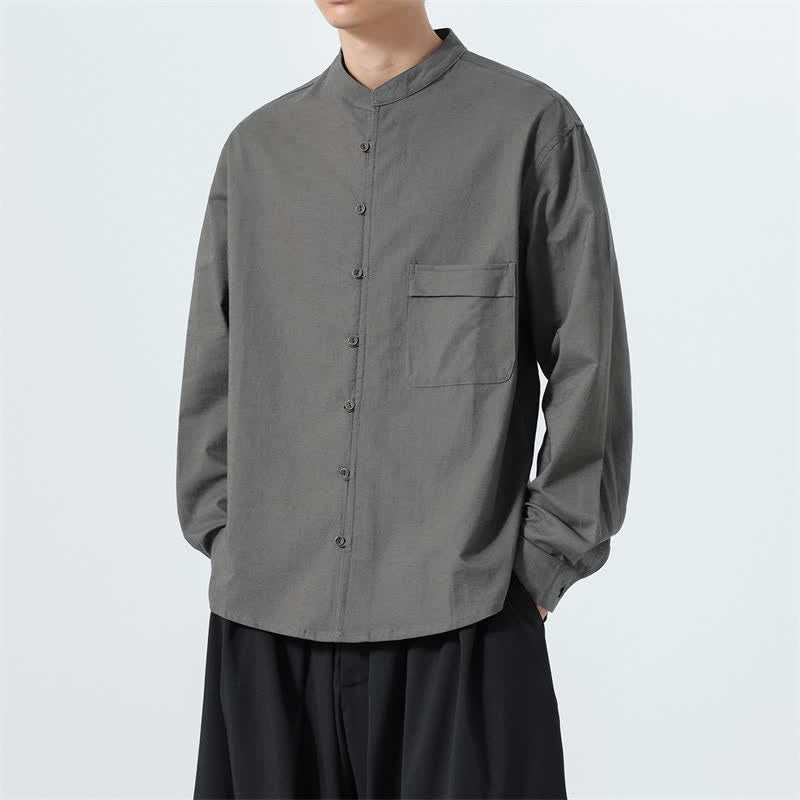 Buddha Stones Camicia da uomo a maniche lunghe in cotone tinta unita, stile Tang, con colletto alla coreana, ideale per l'autunno. - image 28