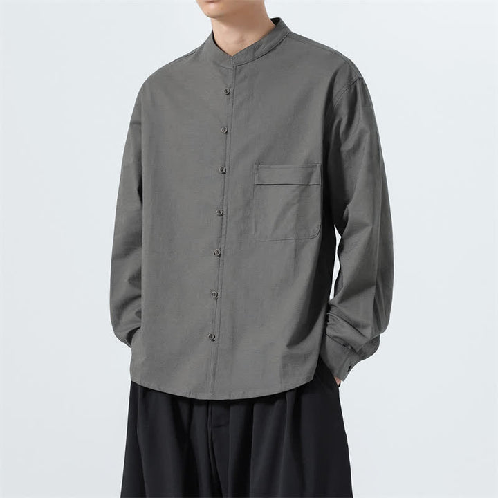 Buddha Stones Camicia da uomo a maniche lunghe in cotone tinta unita, stile Tang, con colletto alla coreana, ideale per l'autunno. - image 28
